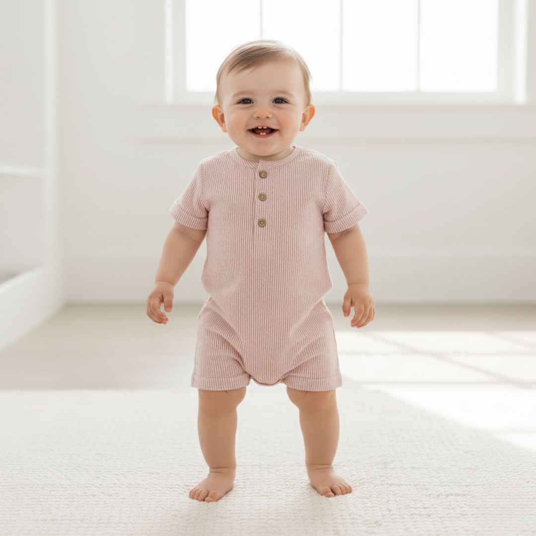 Coral stripe organic bubble romper back view - MakeMake Organics snap closure baby romper