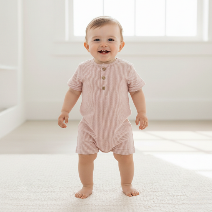 Coral stripe organic bubble romper back view - MakeMake Organics snap closure baby romper
