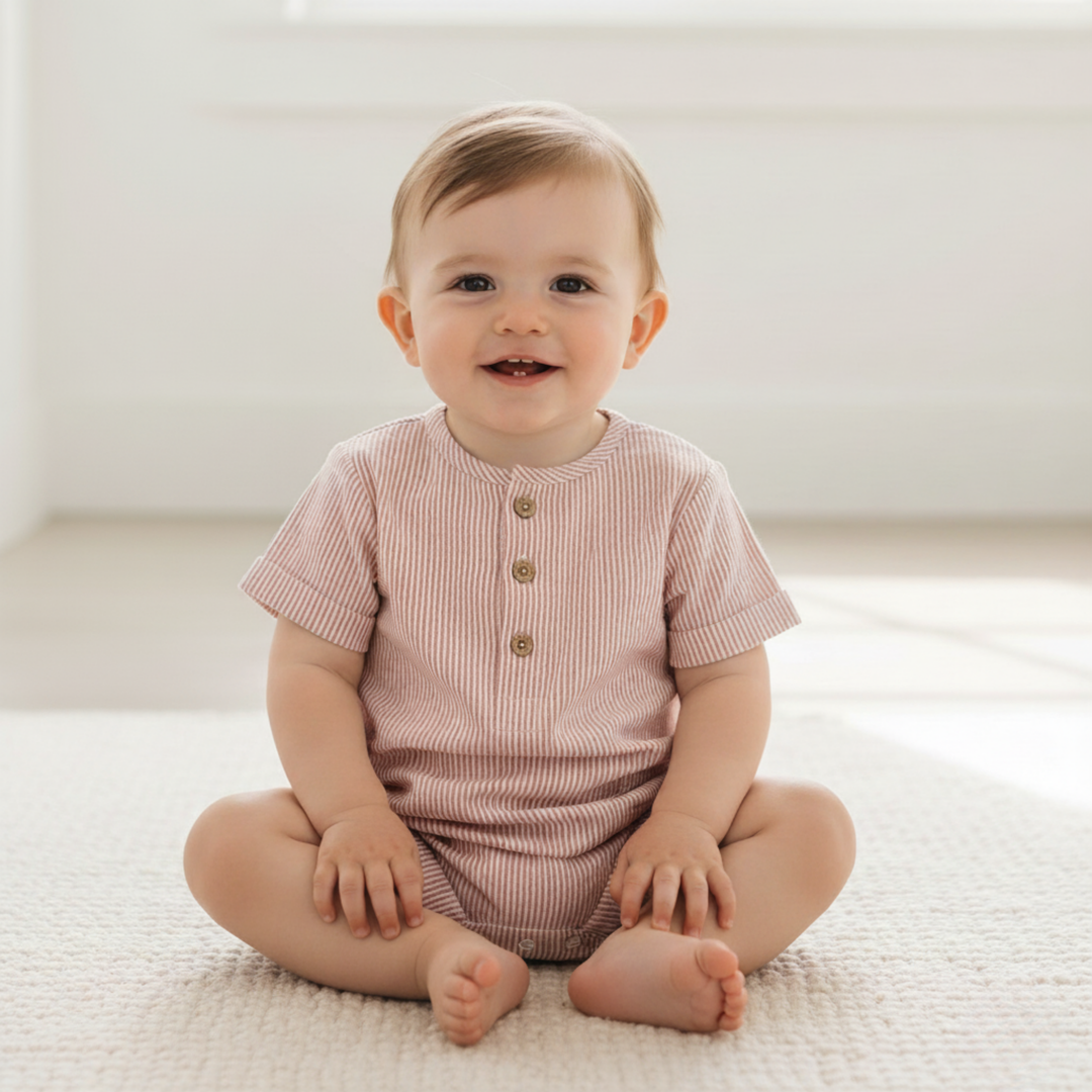 MakeMake Organics Coral Stripes Short Bubble Romper - lightweight organic cotton baby summer romper