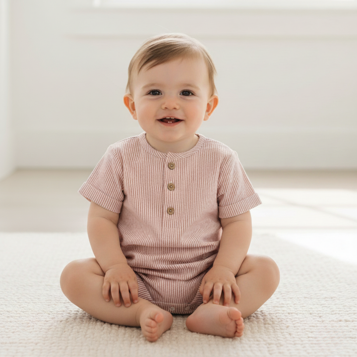 MakeMake Organics Coral Stripes Short Bubble Romper - lightweight organic cotton baby summer romper