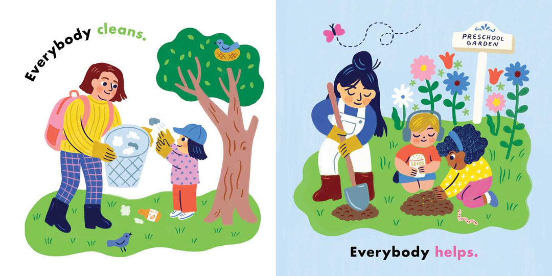 Kids water a garden together in this We're All in This Together board book page, Simon & Schuster