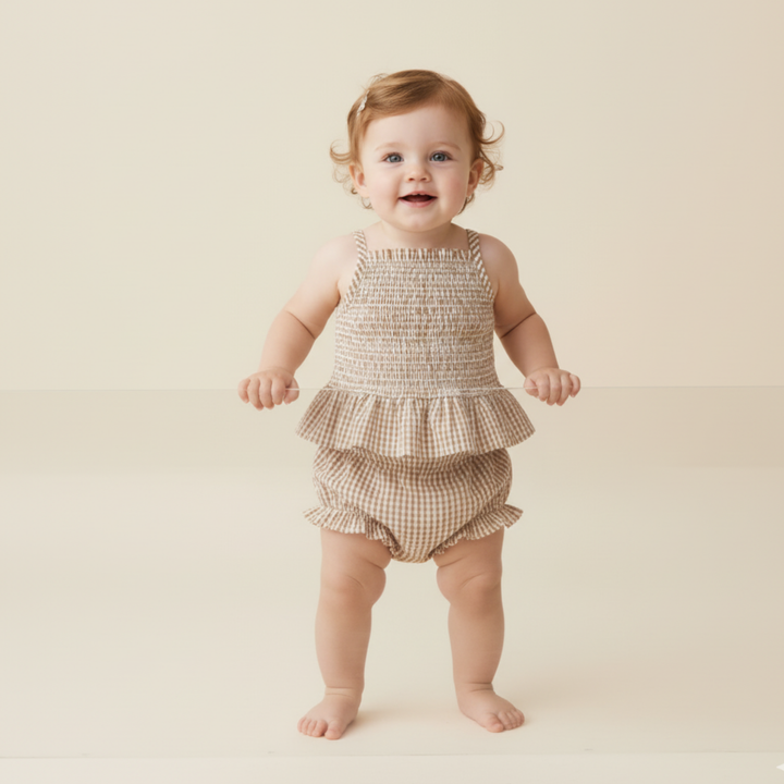Caramel check smocked top and bloomer set back - MakeMake Organics organic cotton baby outfit