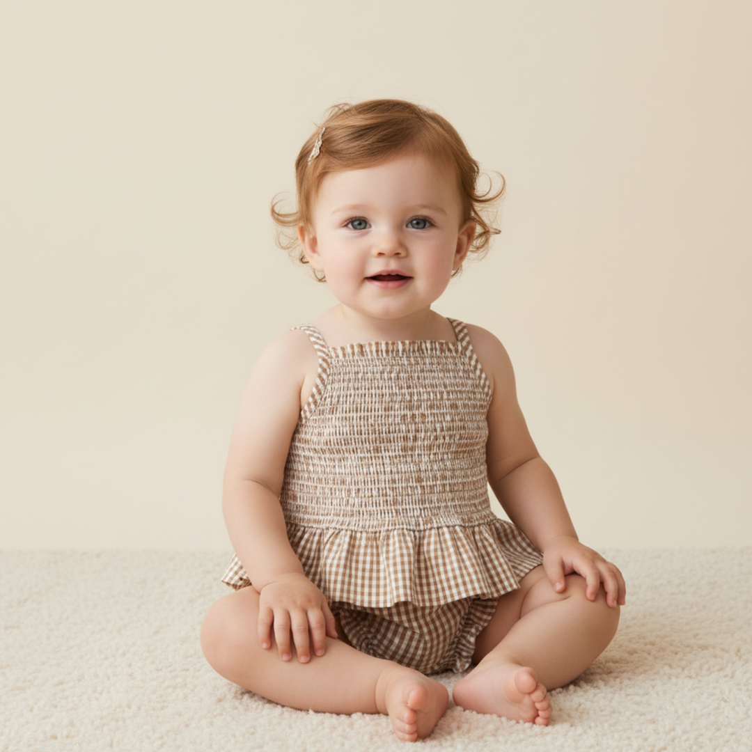MakeMake Organics Caramel Check Smocked Top and Bloomer Set - neutral organic cotton baby outfit
