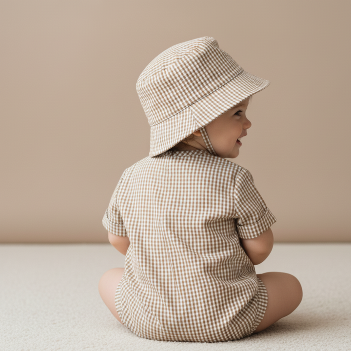 Caramel check organic cotton bucket hat by MakeMake Organics - breathable UV protection baby hat