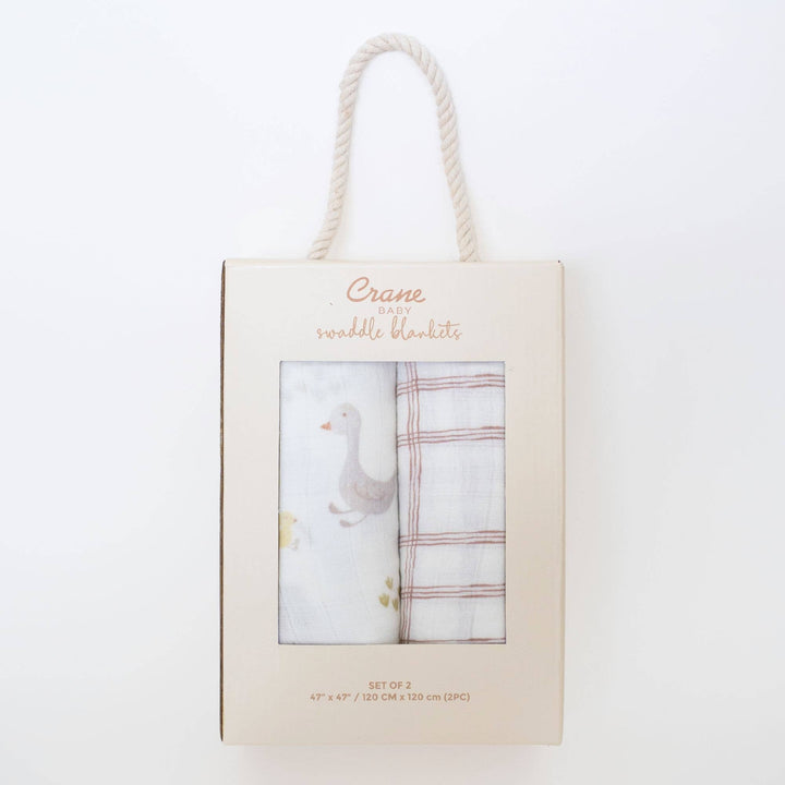 packaging of the crane baby farm house goose and brown check set of two baby swaddles 