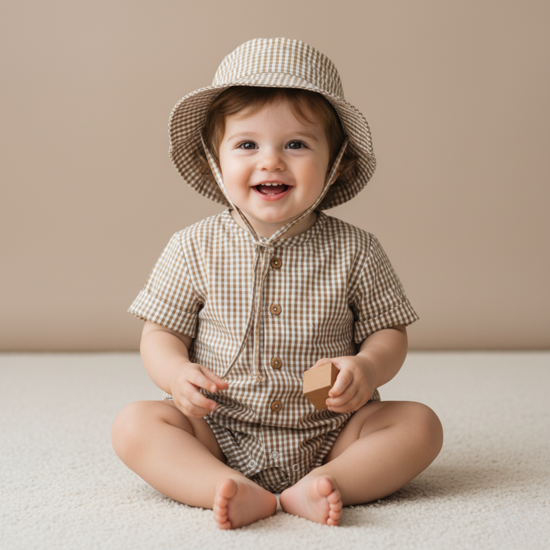 MakeMake Organics Caramel Check Organic Bucket Sun Hat - neutral organic cotton toddler sun hat