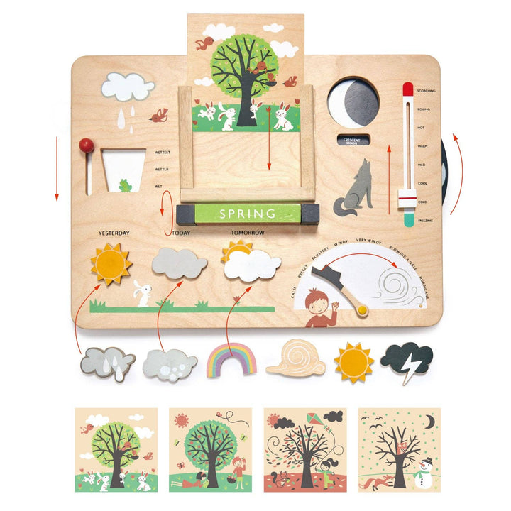 Flat lay of the Tender Leaf Toys Weather Watch surrounded by its interactive weather pieces