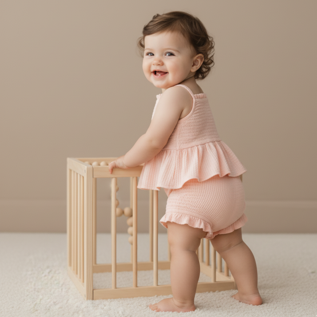 Blush smocked top and bloomer set back view - MakeMake Organics organic cotton coordinated baby set