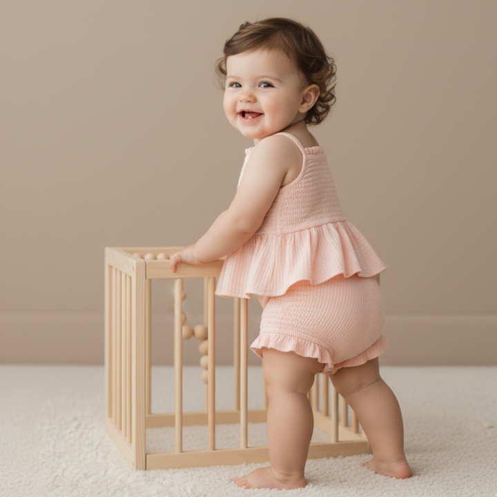Blush smocked top and bloomer set back view - MakeMake Organics organic cotton coordinated baby set