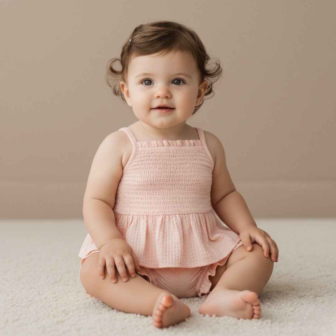 MakeMake Organics Blush Smocked Top and Bloomer Set - GOTS certified organic cotton baby outfit