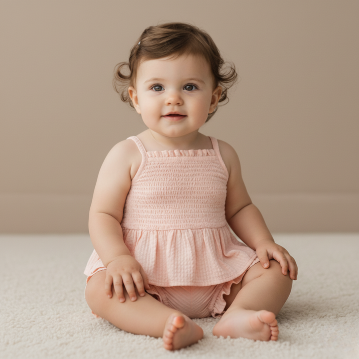 MakeMake Organics Blush Smocked Top and Bloomer Set - GOTS certified organic cotton baby outfit