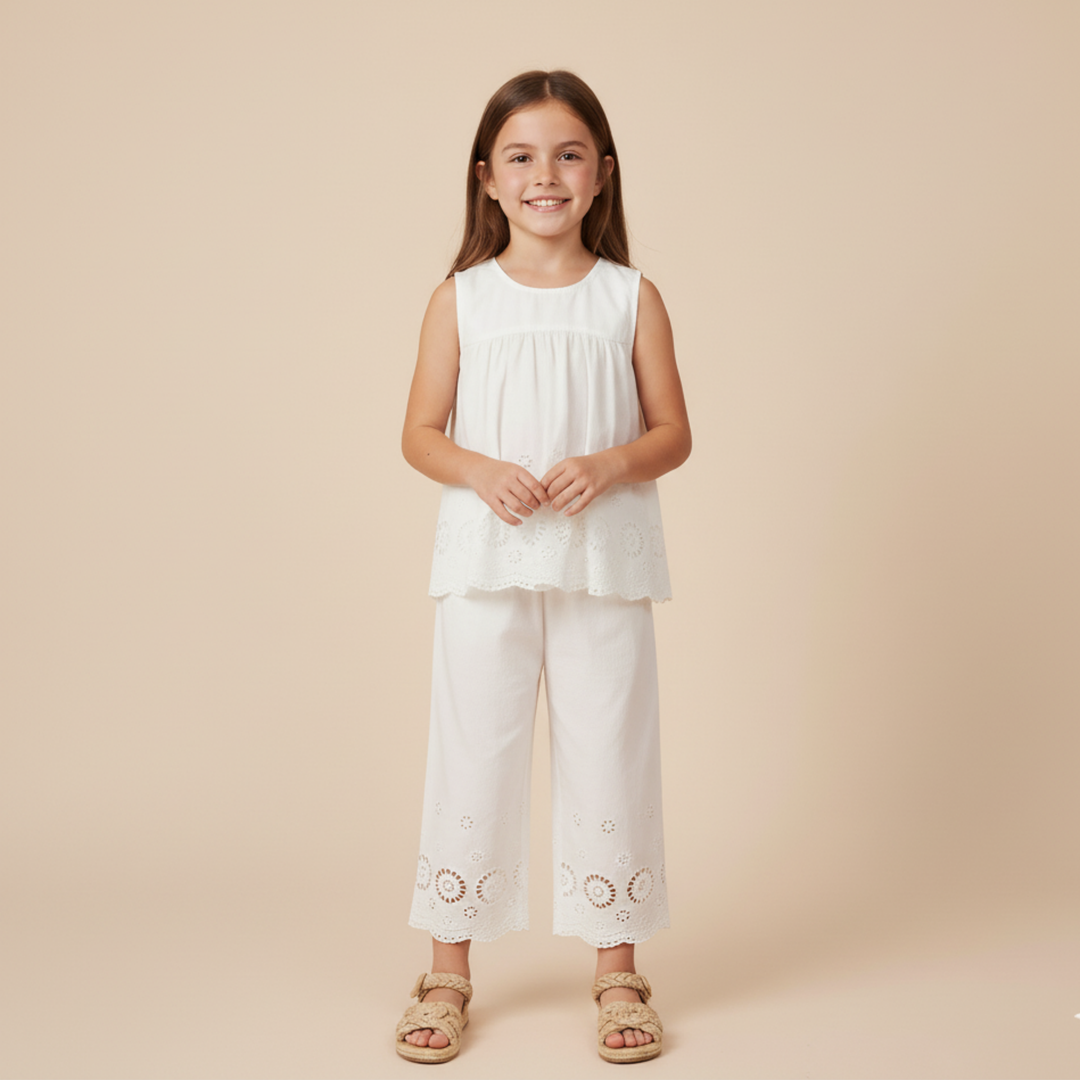 MakeMake Organics Ivory Eyelet Top and Pant Set - GOTS certified organic cotton wide-leg toddler set