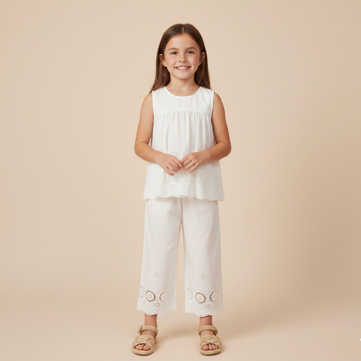 MakeMake Organics Ivory Eyelet Top and Pant Set - GOTS certified organic cotton wide-leg toddler set