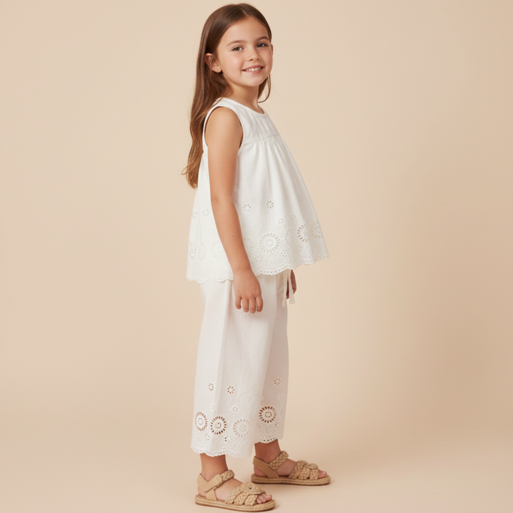 Ivory eyelet top and pant set back view - MakeMake Organics organic cotton matching toddler separates