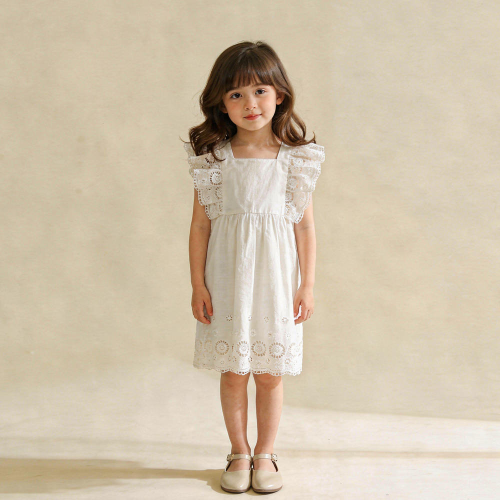 Ivory eyelet organic flutter dress back view - MakeMake Organics A-line breathable baby dress