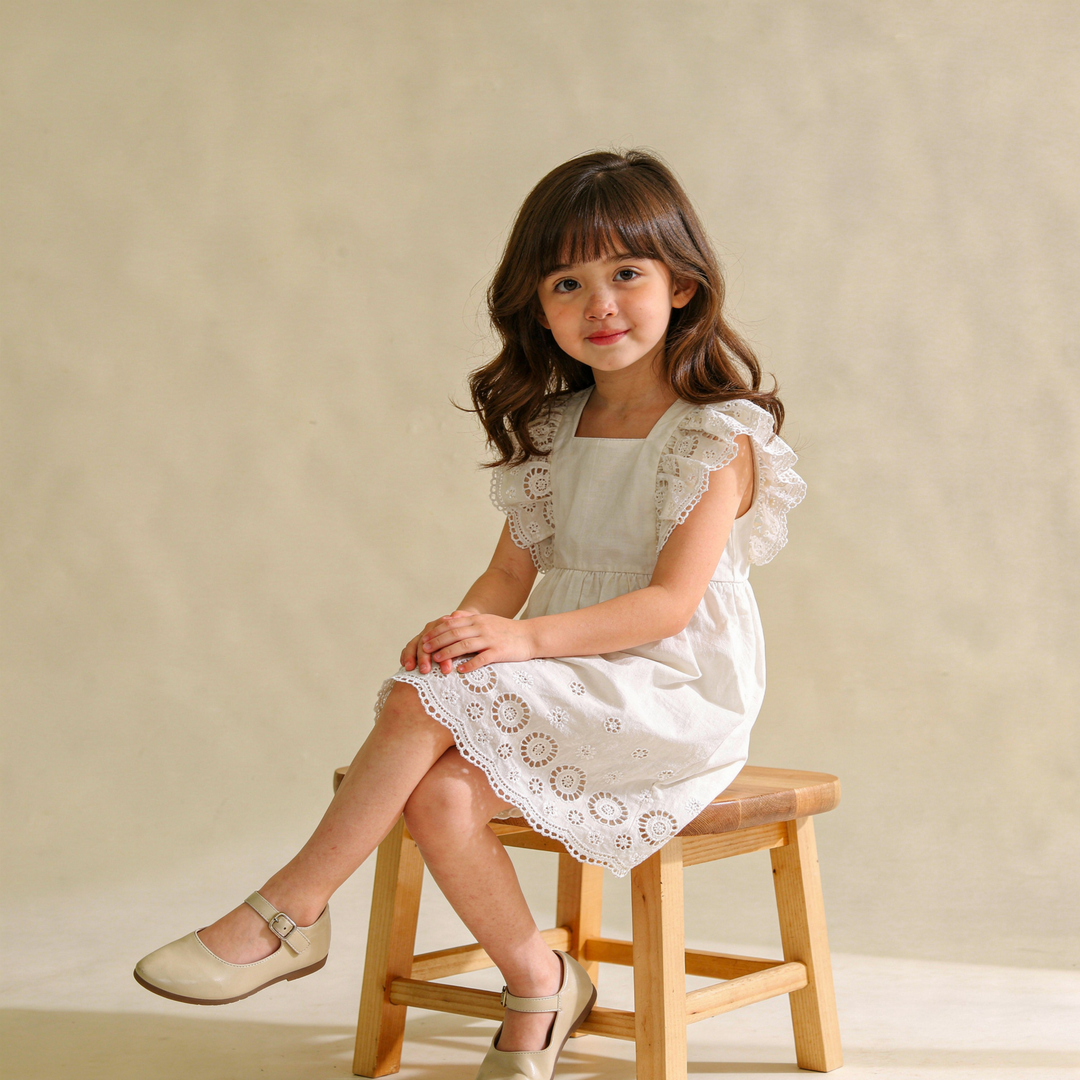 MakeMake Organics Ivory Eyelet Flutter Dress - heirloom organic cotton flutter sleeve baby dress
