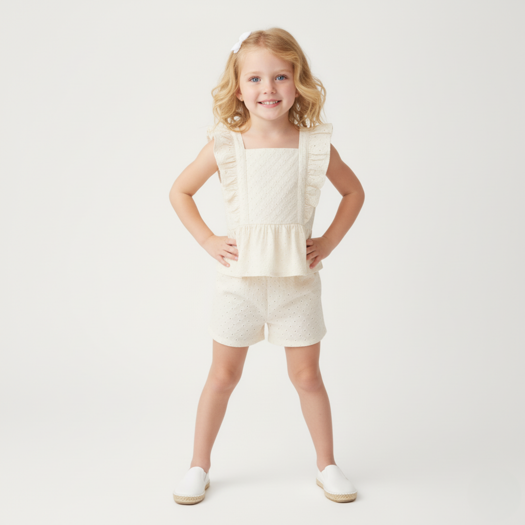 MakeMake Organics Eyelet Flutter Top Shorts Ivory flat lay - organic cotton toddler outfit set
