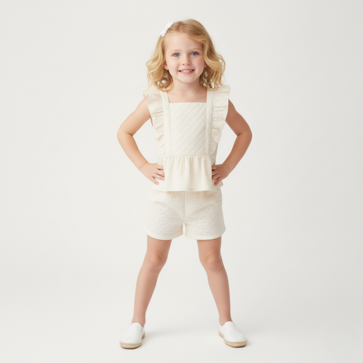MakeMake Organics Eyelet Flutter Top Shorts Ivory flat lay - organic cotton toddler outfit set