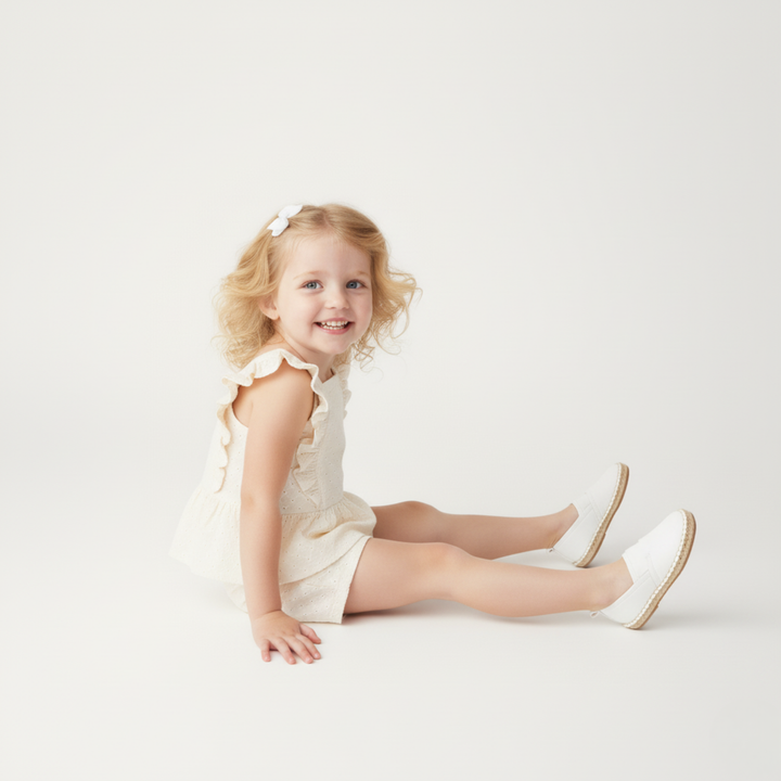 Ivory eyelet flutter top and shorts back view - MakeMake Organics organic cotton toddler set