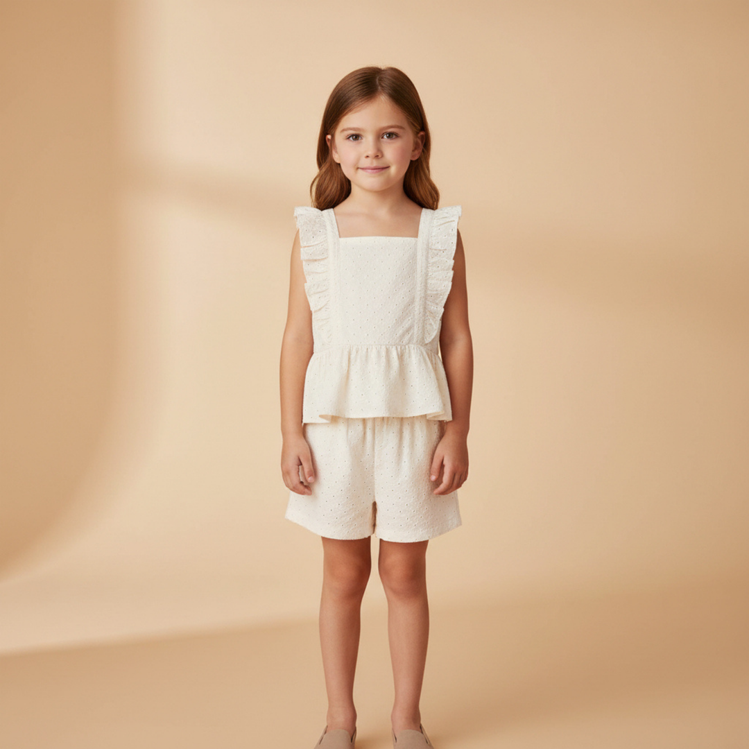 MakeMake Organics Ivory Eyelet Flutter Top and Shorts Set - GOTS certified organic toddler set