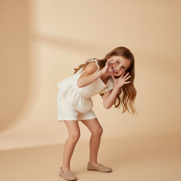 Organic ivory eyelet flutter top detail - MakeMake Organics GOTS certified toddler separates