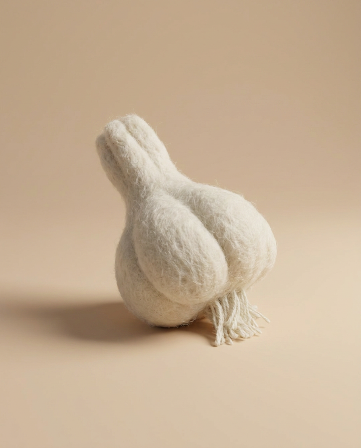 Close-up of Kaddu's Felt Garlic bulb showing handcrafted wool detail