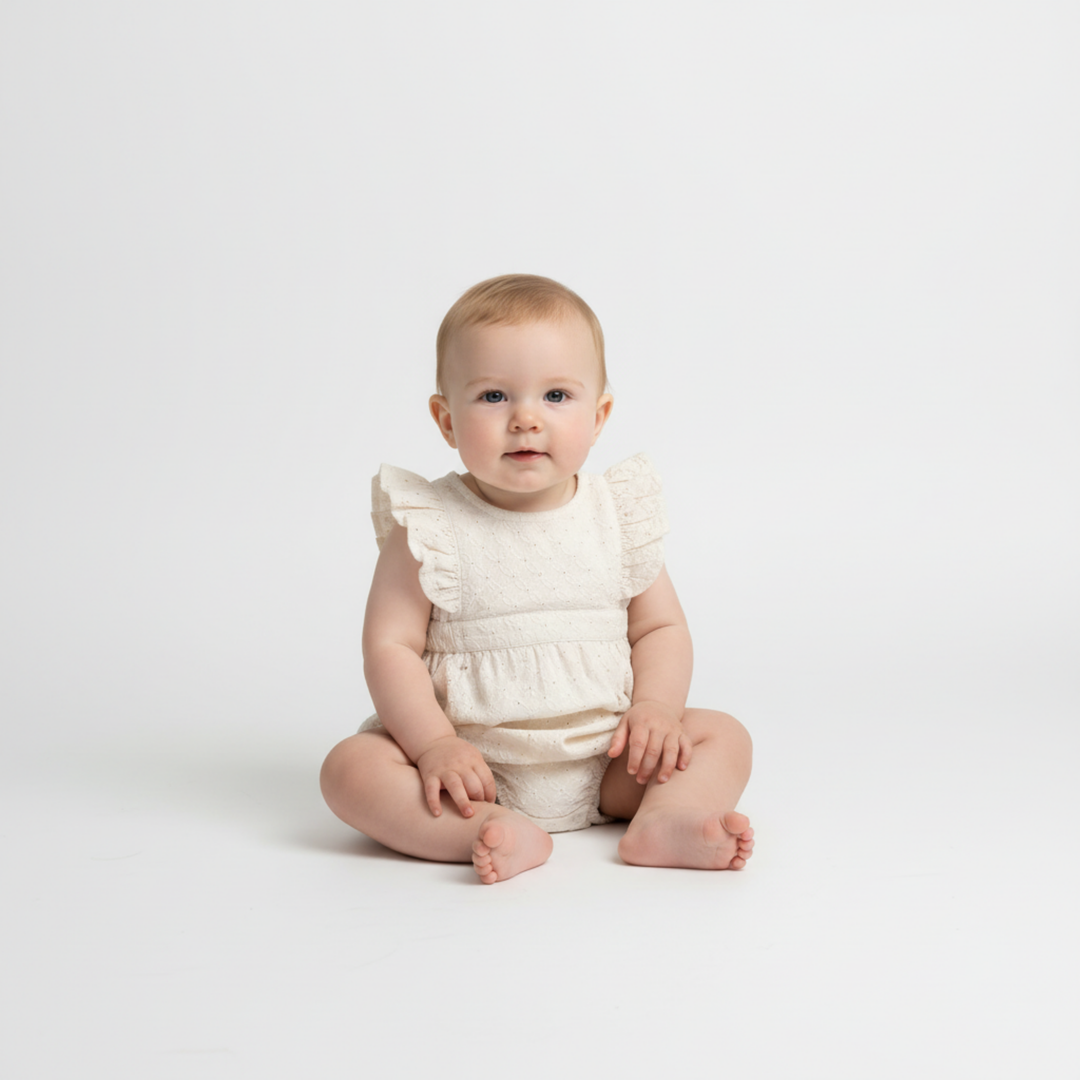 MakeMake Organics Ivory Eyelet Flutter Romper - timeless organic cotton lace-like baby romper