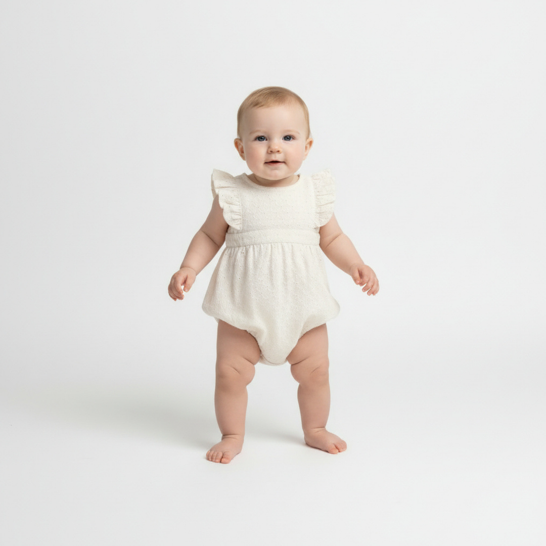 Ivory eyelet organic flutter romper back view - MakeMake Organics breathable baby summer romper