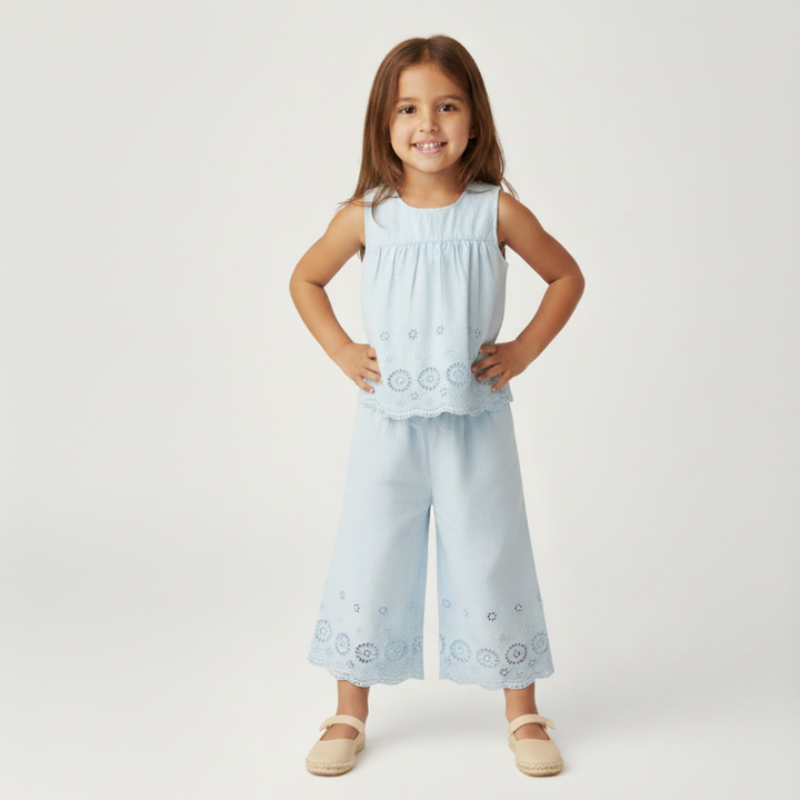 Organic light blue eyelet wide-leg pant detail - MakeMake Organics GOTS certified toddler set