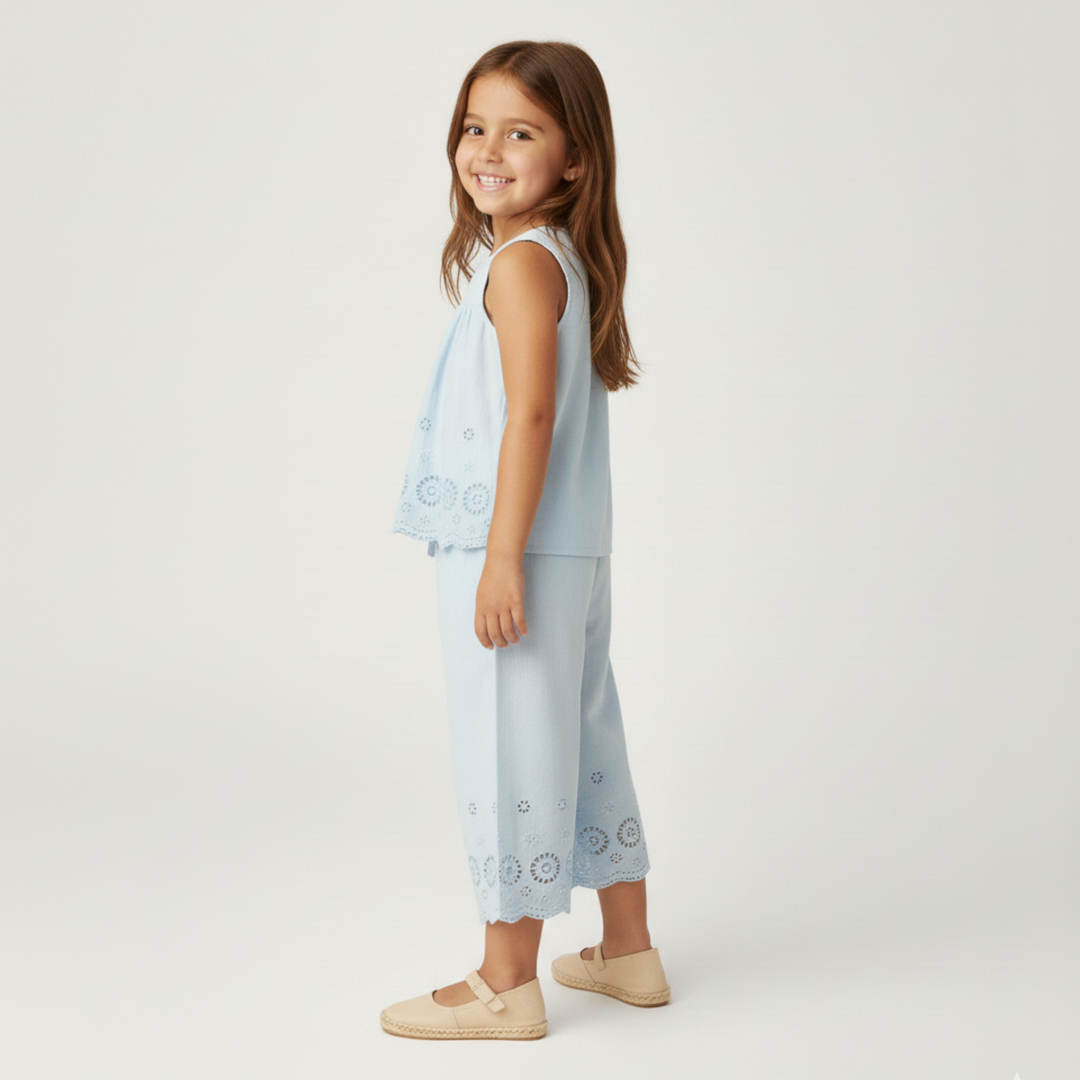 MakeMake Organics Light Blue Eyelet Top Pant flat lay - fresh organic cotton matching toddler set