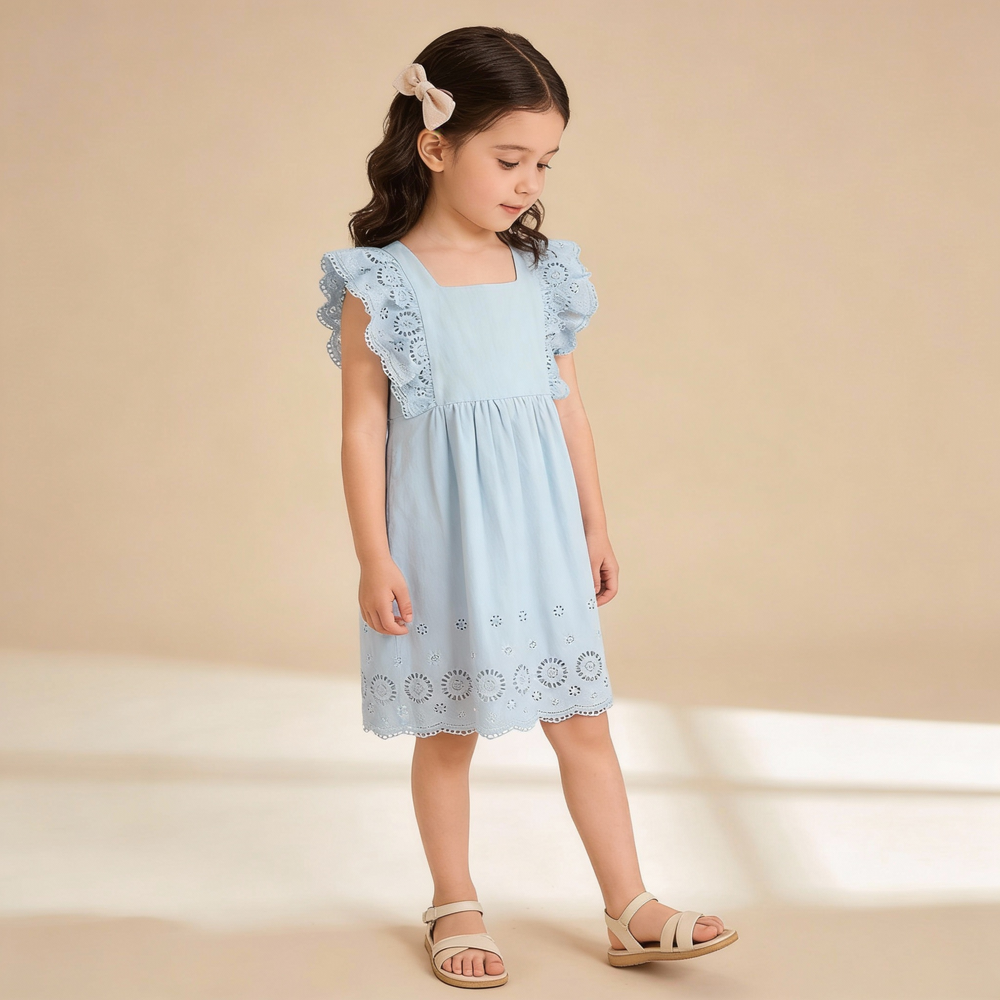 MakeMake Organics Light Blue Eyelet Flutter Dress - GOTS certified breathable organic baby dress