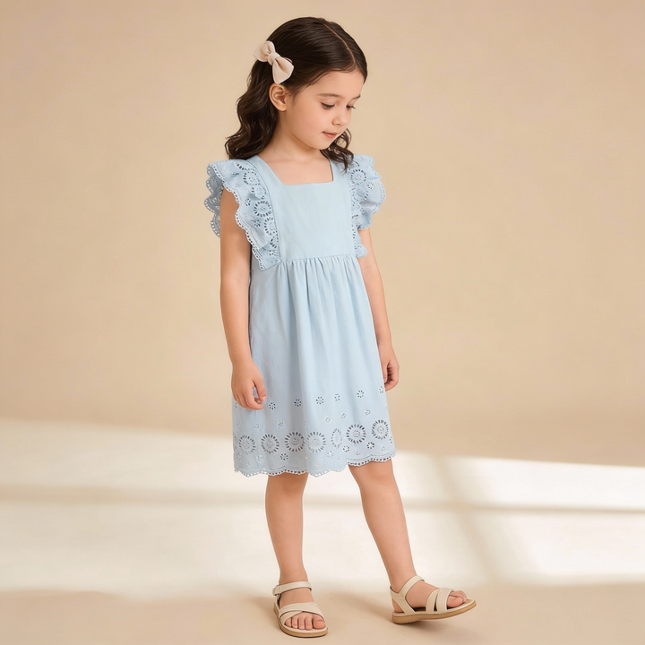 MakeMake Organics Light Blue Eyelet Flutter Dress - GOTS certified breathable organic baby dress