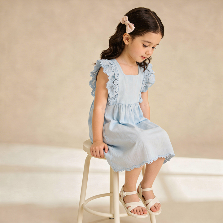 Light blue eyelet flutter dress back view - MakeMake Organics A-line organic cotton baby dress