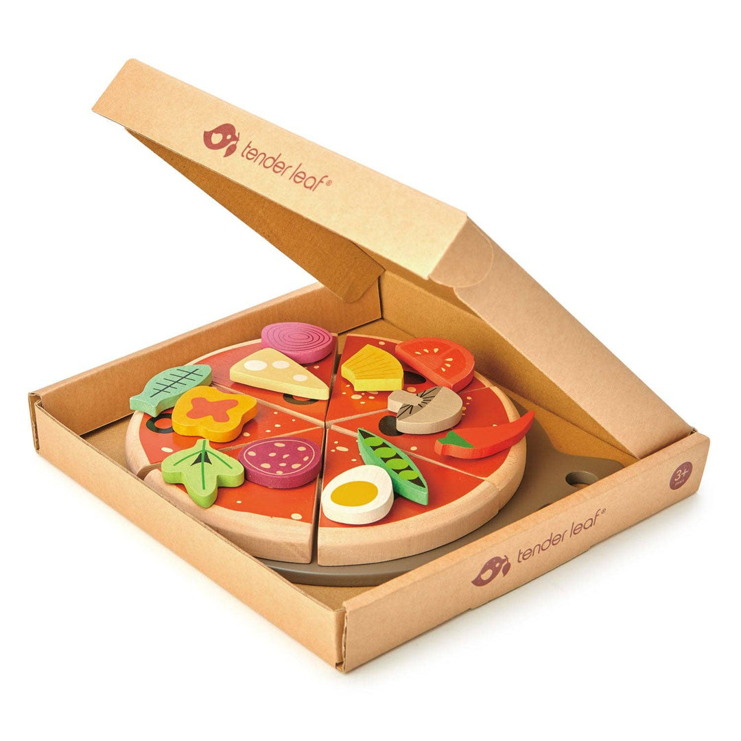 Tender Leaf Toys Pizza Party shown inside an illustrated cardboard carrying case