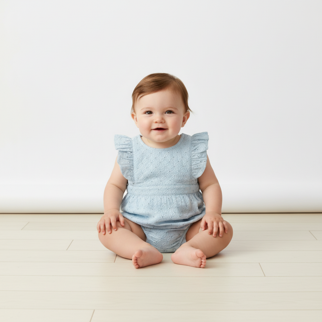Light blue eyelet flutter romper back detail - MakeMake Organics organic cotton snap closure romper