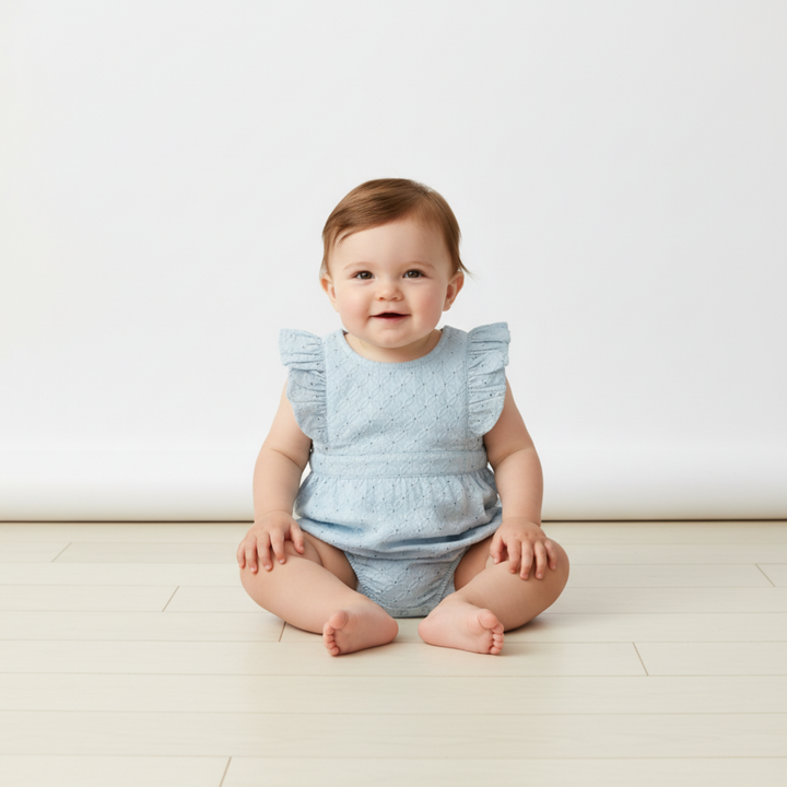 Light blue eyelet flutter romper back detail - MakeMake Organics organic cotton snap closure romper