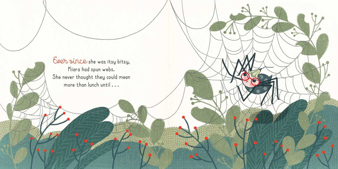 Kiara the spider spins her web among green leaves in this I Worked Hard on That! hardcover page