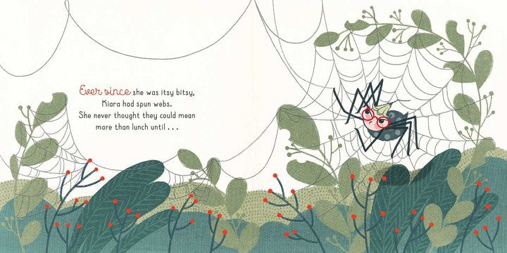 Kiara the spider spins her web among green leaves in this I Worked Hard on That! hardcover page