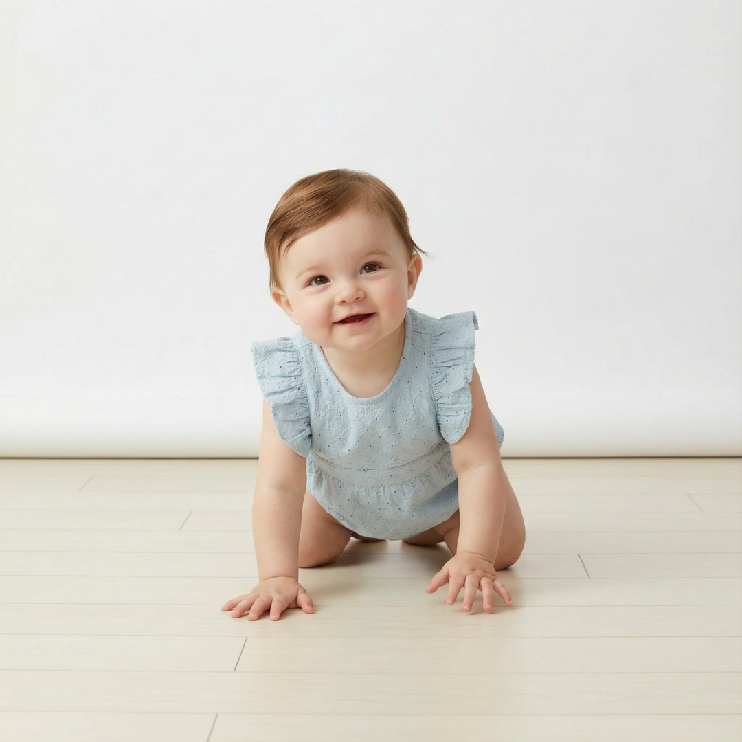 MakeMake Organics Light Blue Eyelet Flutter Romper - GOTS certified breathable organic baby romper