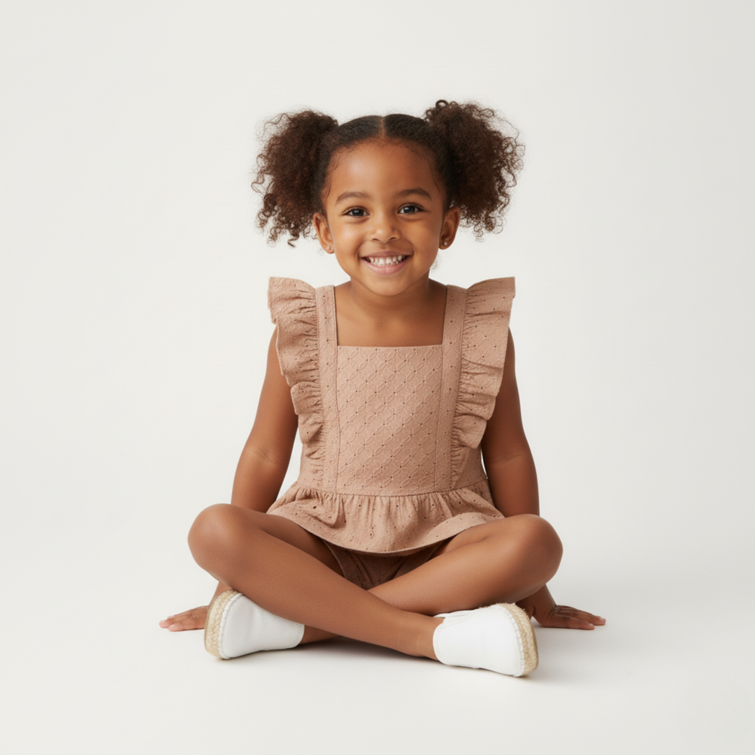 Clay eyelet flutter top and shorts set back view - MakeMake Organics organic cotton toddler set