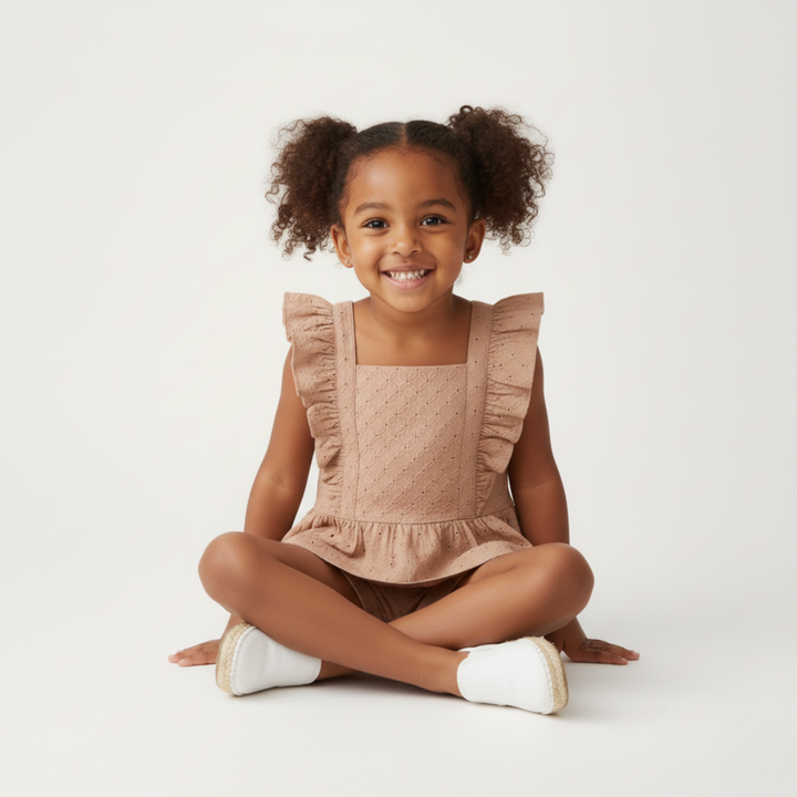 Clay eyelet flutter top and shorts set back view - MakeMake Organics organic cotton toddler set