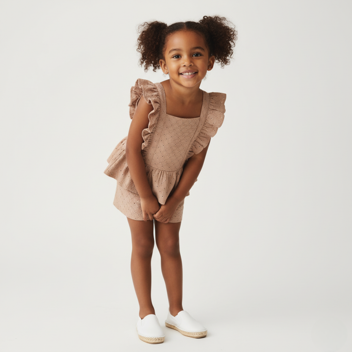 MakeMake Organics Clay Eyelet Flutter Top and Shorts Set - earthy organic cotton toddler outfit