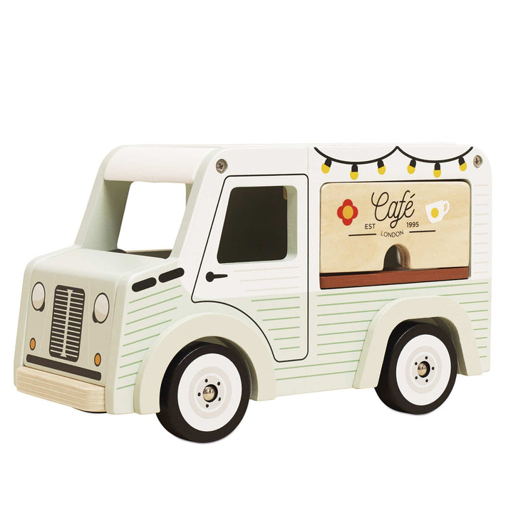 Mint green wooden coffee truck with a Café sign and painted string lights, Le Toy Van Mobile Café Van toy for pretend play