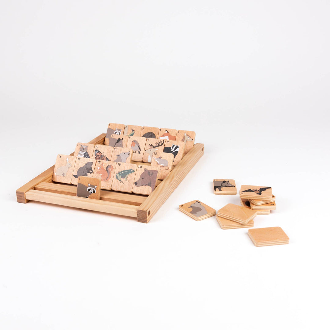 This Egmont board for Who Am I lies flat with painted wooden squares spread across a plain backdrop