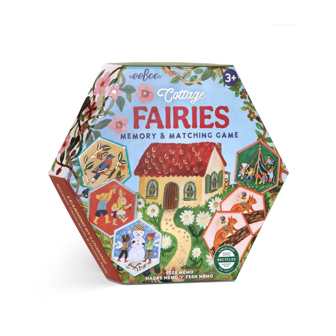 eeBoo Cottage Fairies Hexagon Memory Game in distinctive hexagonal box with gold foil