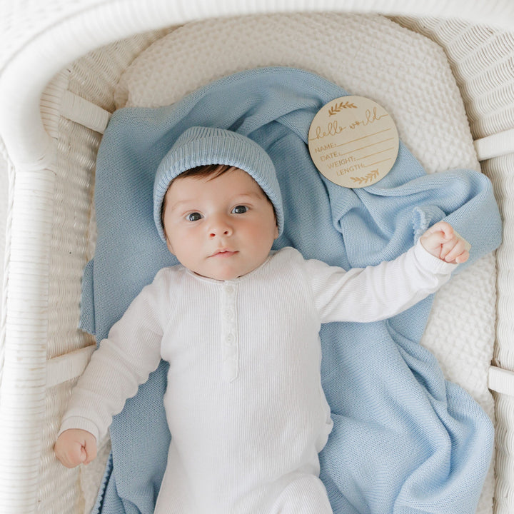 Baby in Bleu La La light blue organic knit blanket with hat and wooden plaque, luxe gift set vibe