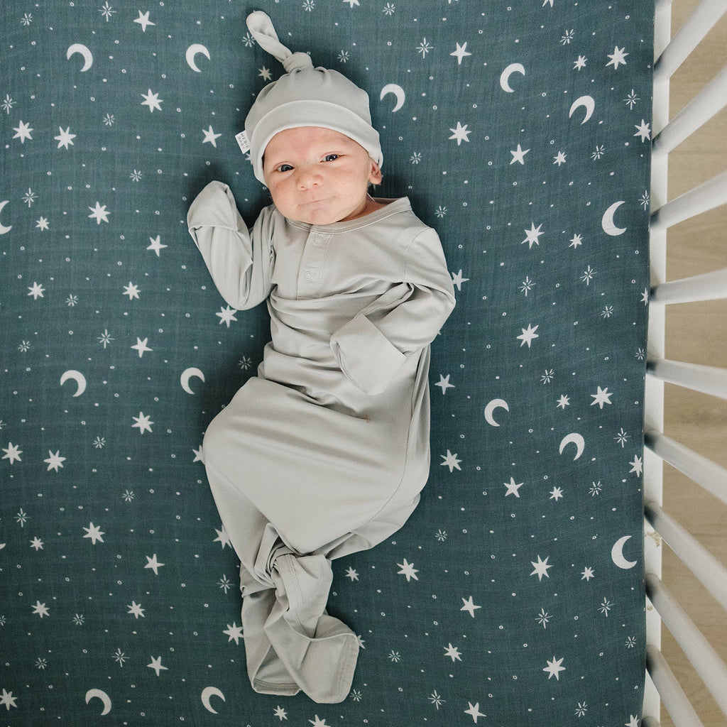 Night Sky Muslin Crib Sheet by Mebie Baby, gender-neutral crib bedding sheets