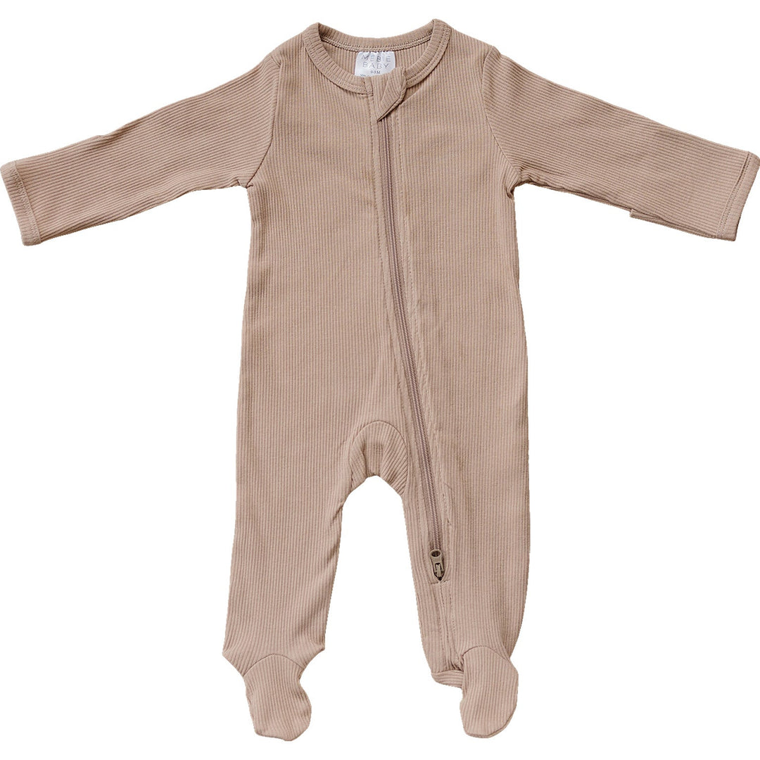 Pale Pink Organic Cotton Ribbed Zipper by Mebie Baby, worn by a baby on a play mat.