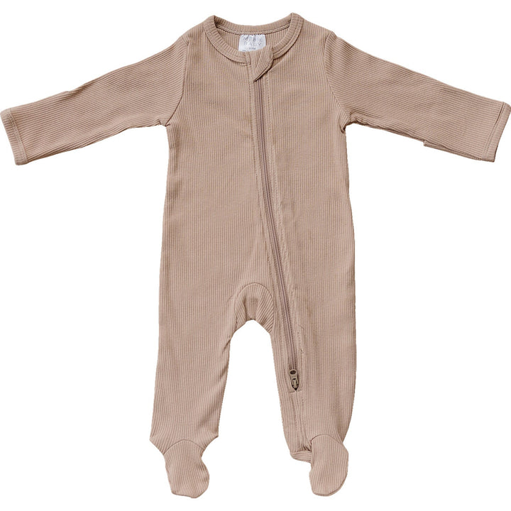 Pale Pink Organic Cotton Ribbed Zipper by Mebie Baby, worn by a baby on a play mat.