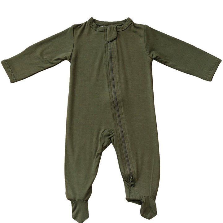 Mebie Baby Olive Bamboo Footed Zipper front view product photo highlighting the footed baby pajama